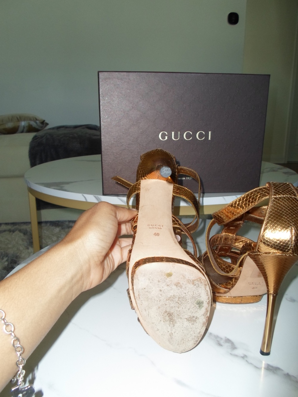 Gucci Gold Woven Snake-Embossed High Heels WITH BOX - Picture 3 of 12
